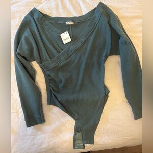 Free People Deep Green Ribbed Bodysuit